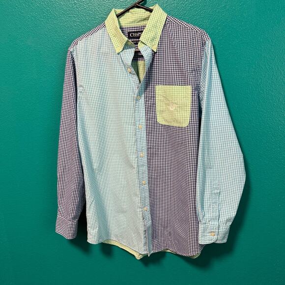 Chaps Easy Care Gingham Blue Lime Green Colorblock Long Sleeve Button Up Men's M - Picture 4 of 10